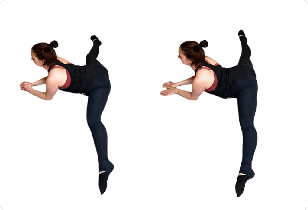 Levé de jambe arrière : bassin qui s’ouvre (à gauche) et placement aligné (à droite)