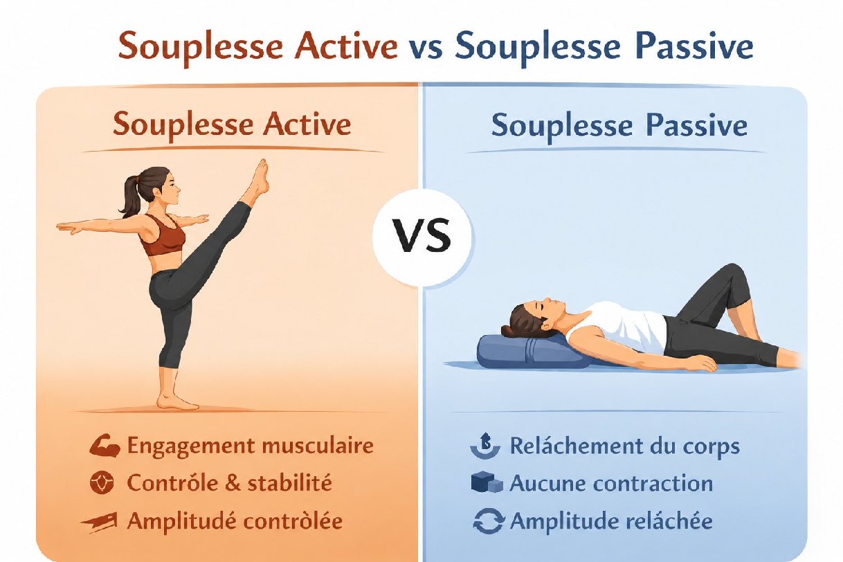 Souplesse active (engagement, contrôle, amplitude contrôlée) et souplesse passive (relâchement, amplitude relâchée)