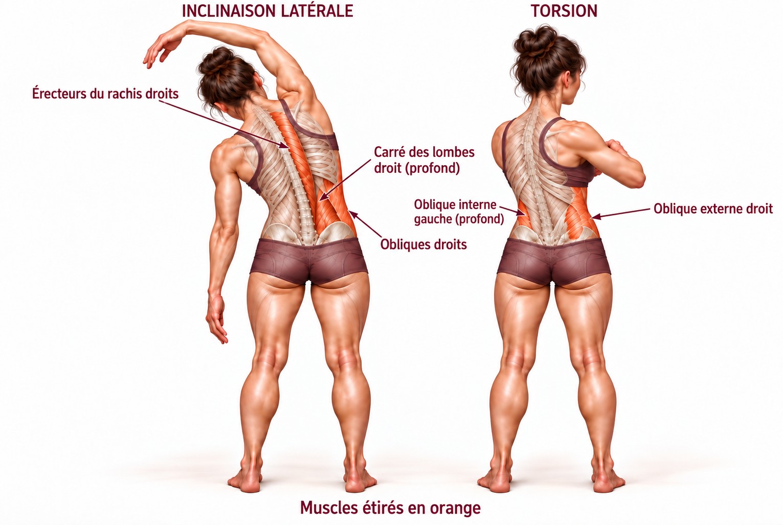Muscles du dos étirés en inclinaison latérale et en torsion, vue de dos